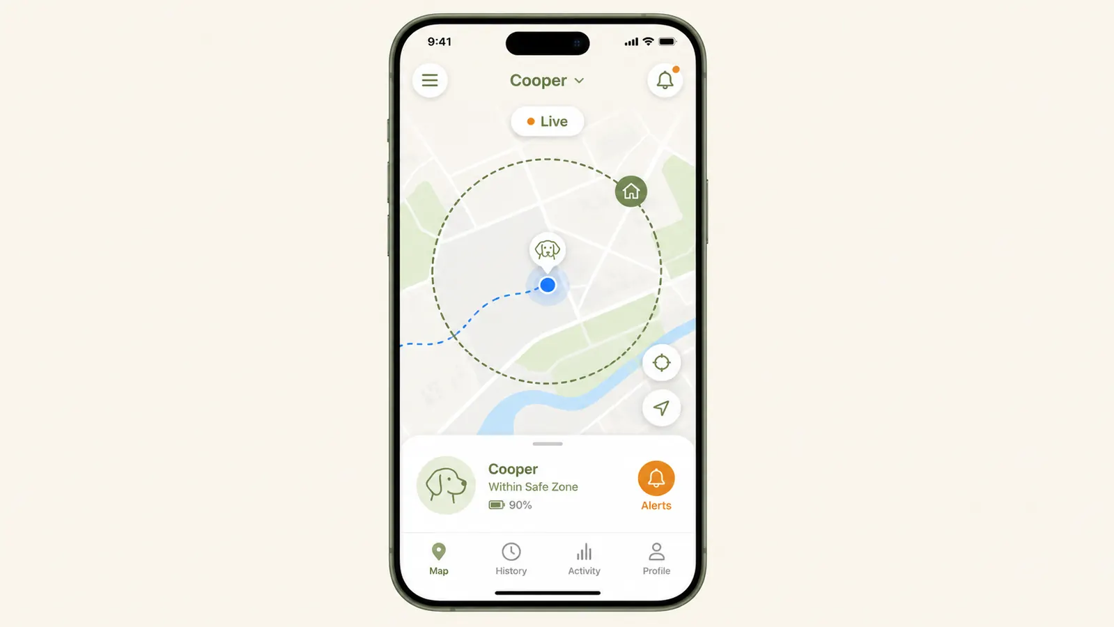 Smartphone screen showing a live GPS map with a dog's real-time location dot and a virtual fence boundary circle