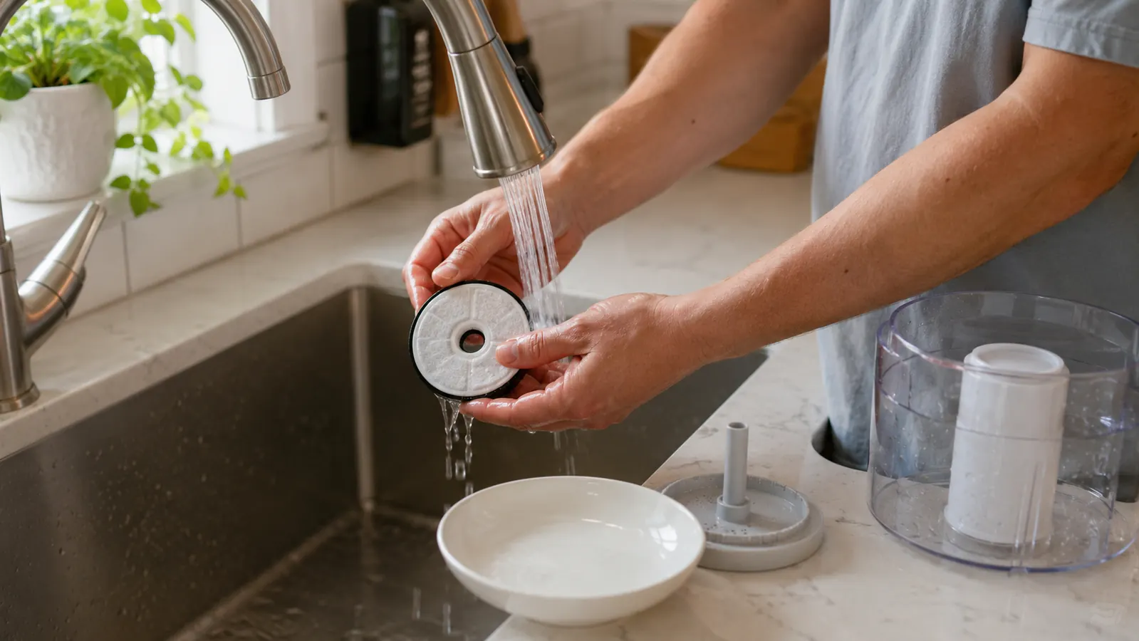 Person replacing a carbon filter cartridge in a pet water fountain next to a sink