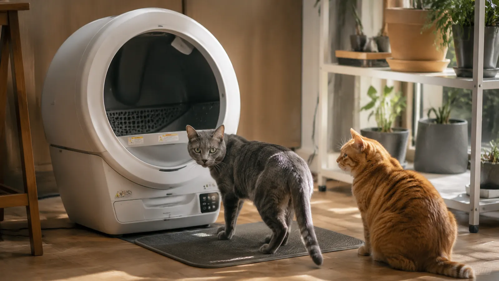Two cats sharing a large automatic litter box in a corner of a living room