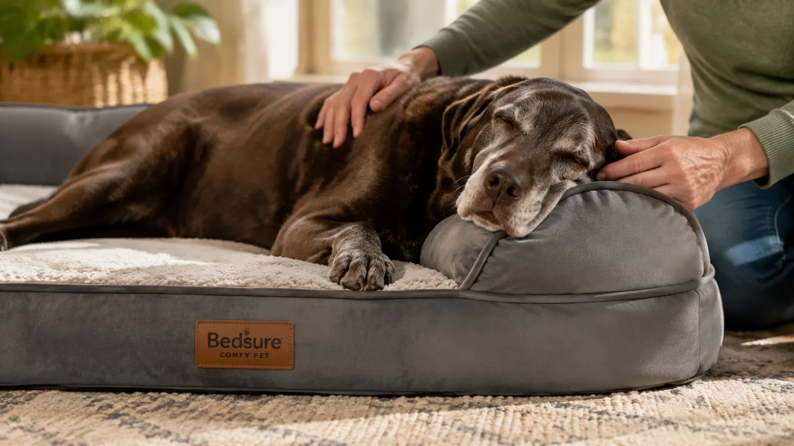 Close-up of a large dog settling into the bolster edge of an orthopedic dog bed