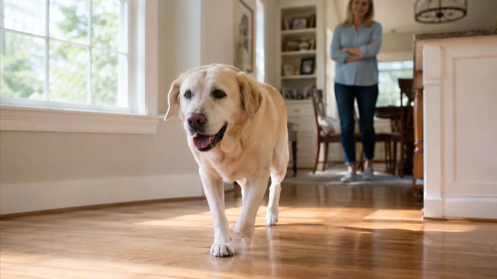 Large Lab-type dog standing and walking normally across a hardwood floor without stiffness