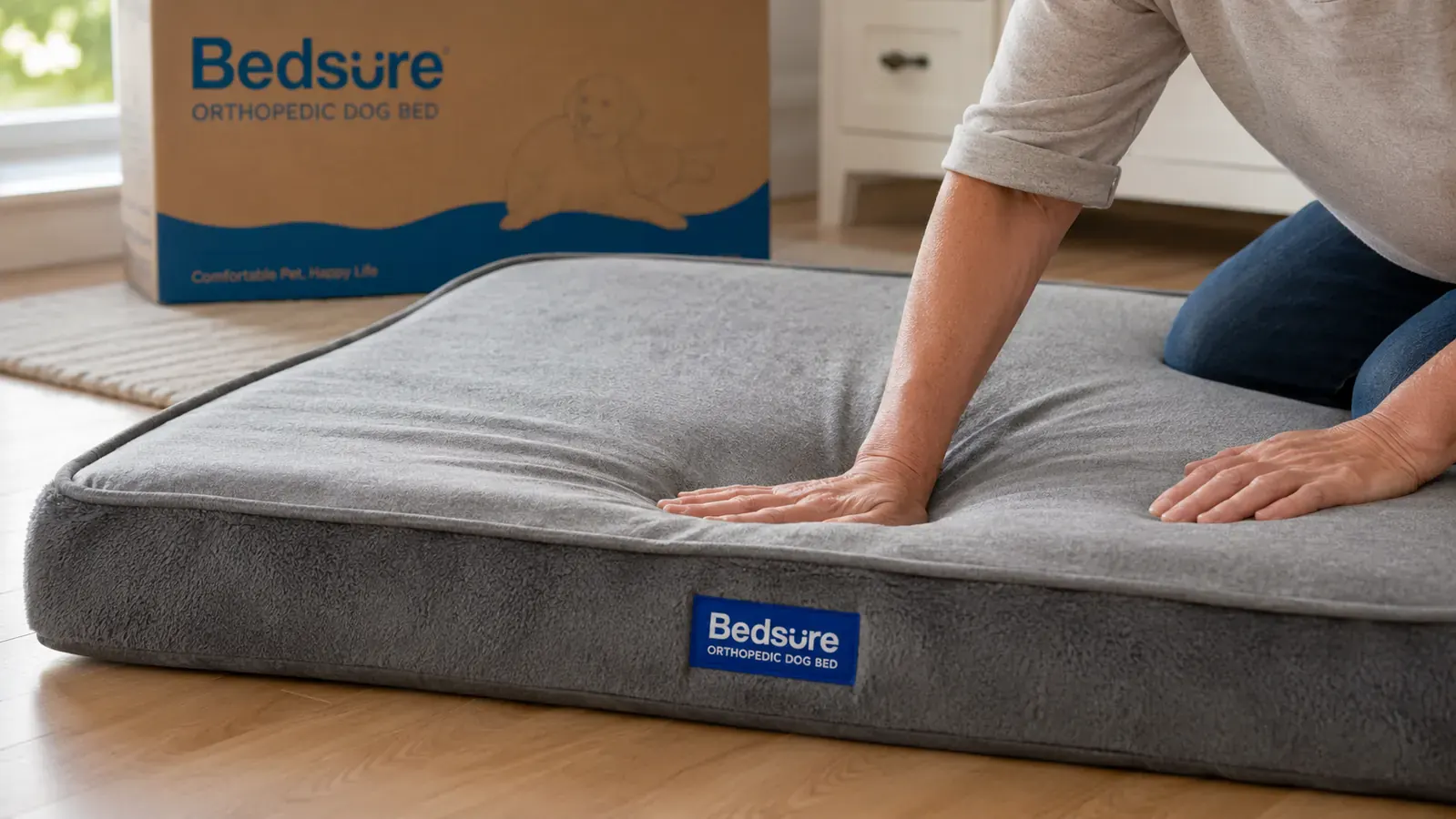Hands pressing down firmly on the foam interior of a Bedsure orthopedic dog bed cover to show foam density and compression