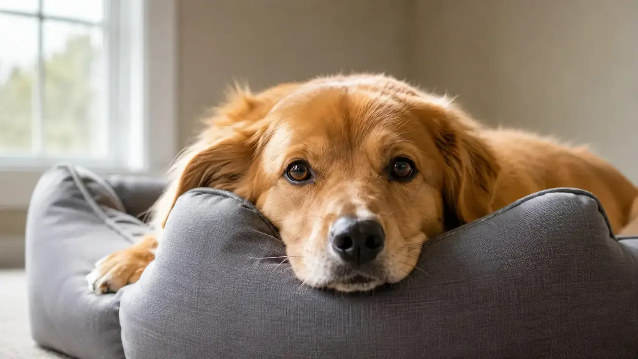 Golden Retriever mix resting chin on the bolster edge of an orthopedic dog bed while looking toward the camera