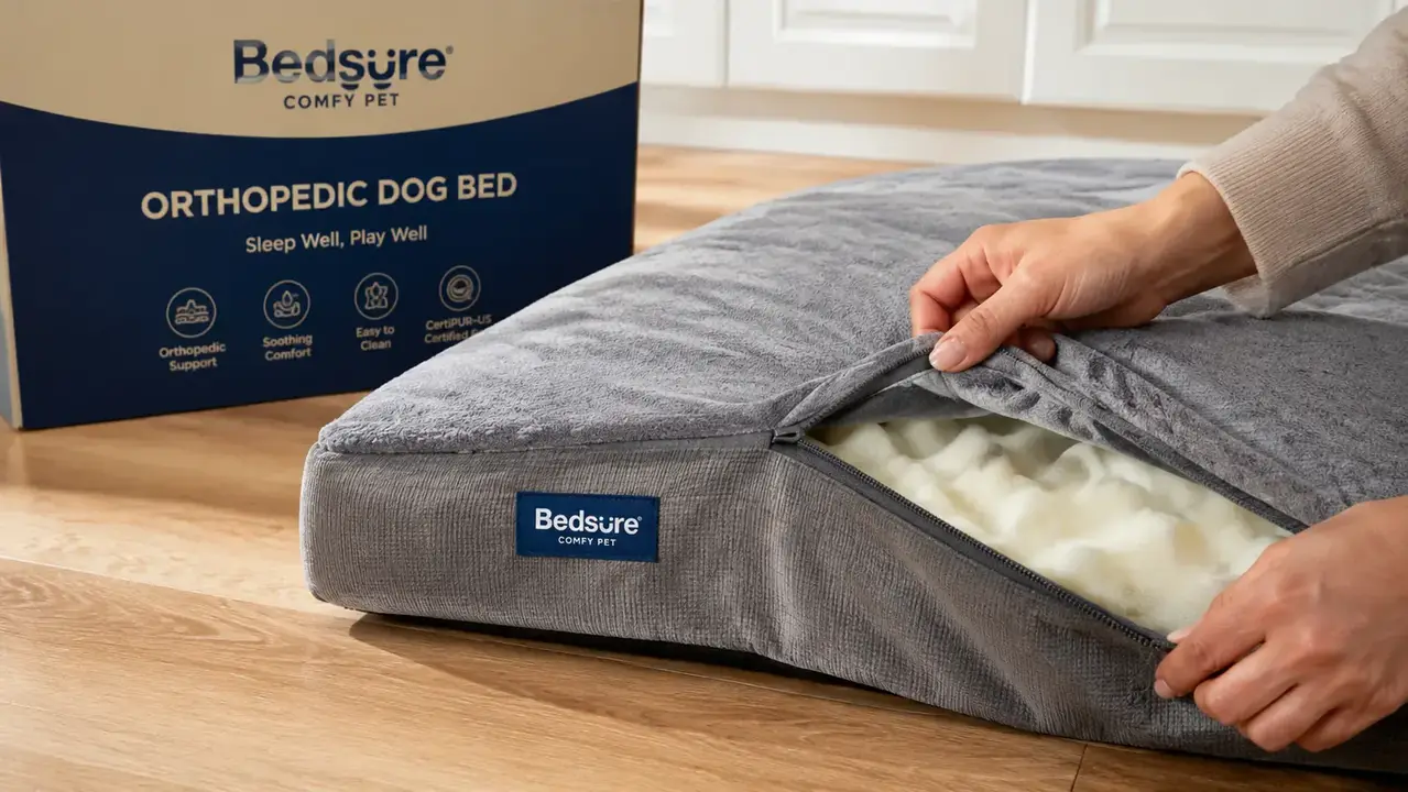 Close-up of hands unzipping the removable cover on a Bedsure orthopedic dog bed to show the foam insert inside