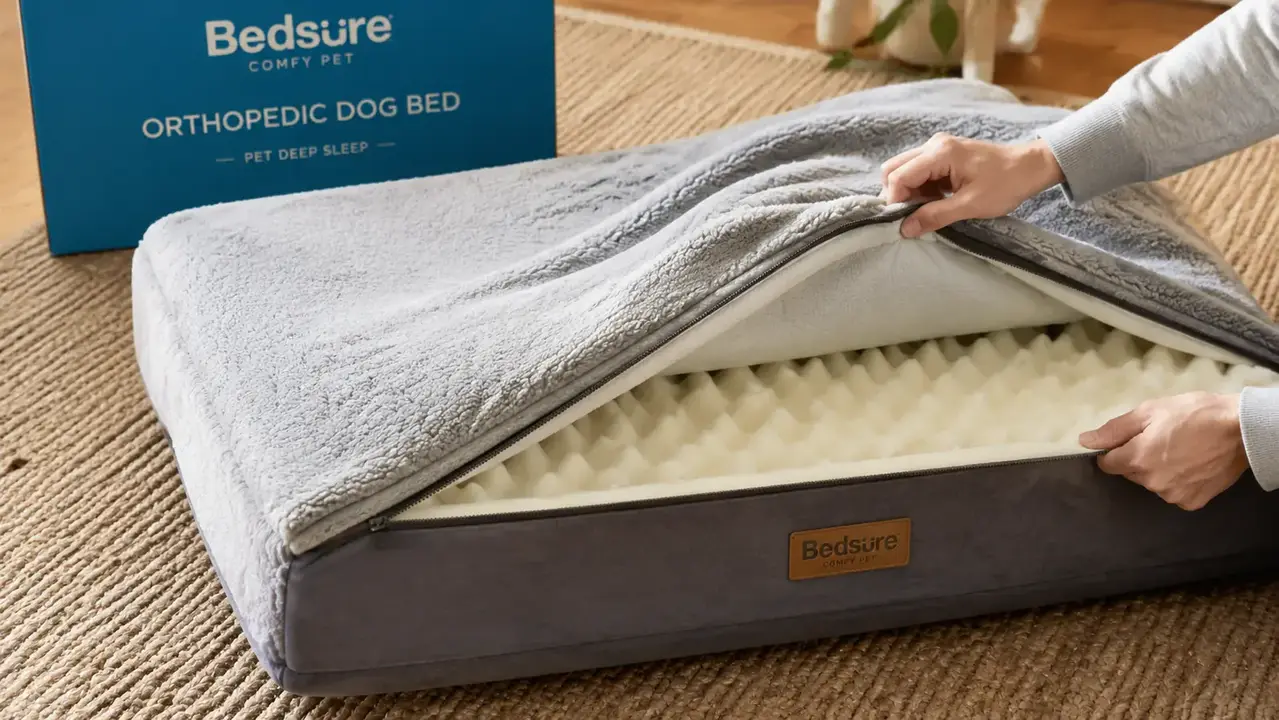Bedsure orthopedic dog bed with removable cover unzipped to show the egg-crate foam insert underneath