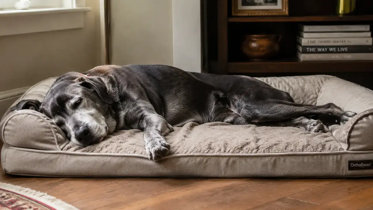 Senior Labrador lying stretched out on orthopedic dog bed with eyes closed, deeply asleep