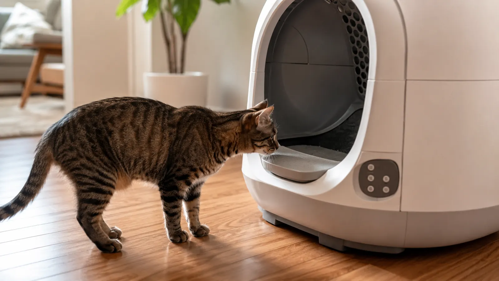 A cat confidently walking into the open entrance of a self-cleaning litter box for the first time