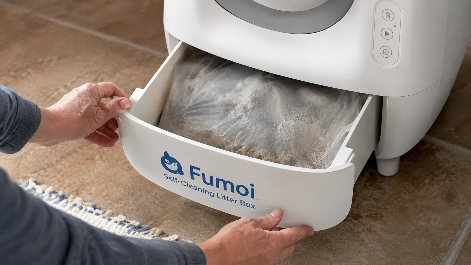 Close-up of the Fumoi litter box waste drawer pulled halfway open, showing a carbon liner bag and accumulated clumping litter waste