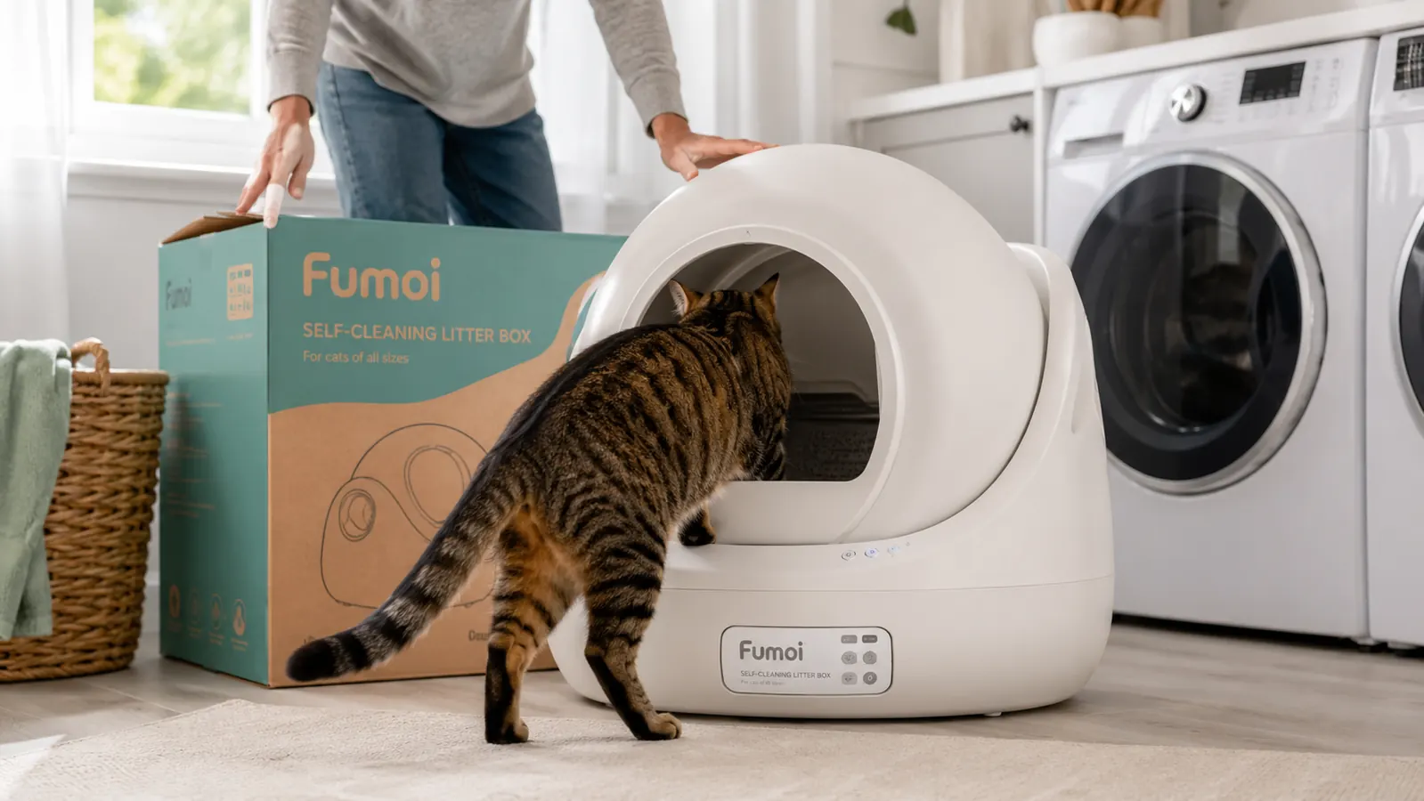 Cat confidently walking into a modern automatic litter box in a home laundry room