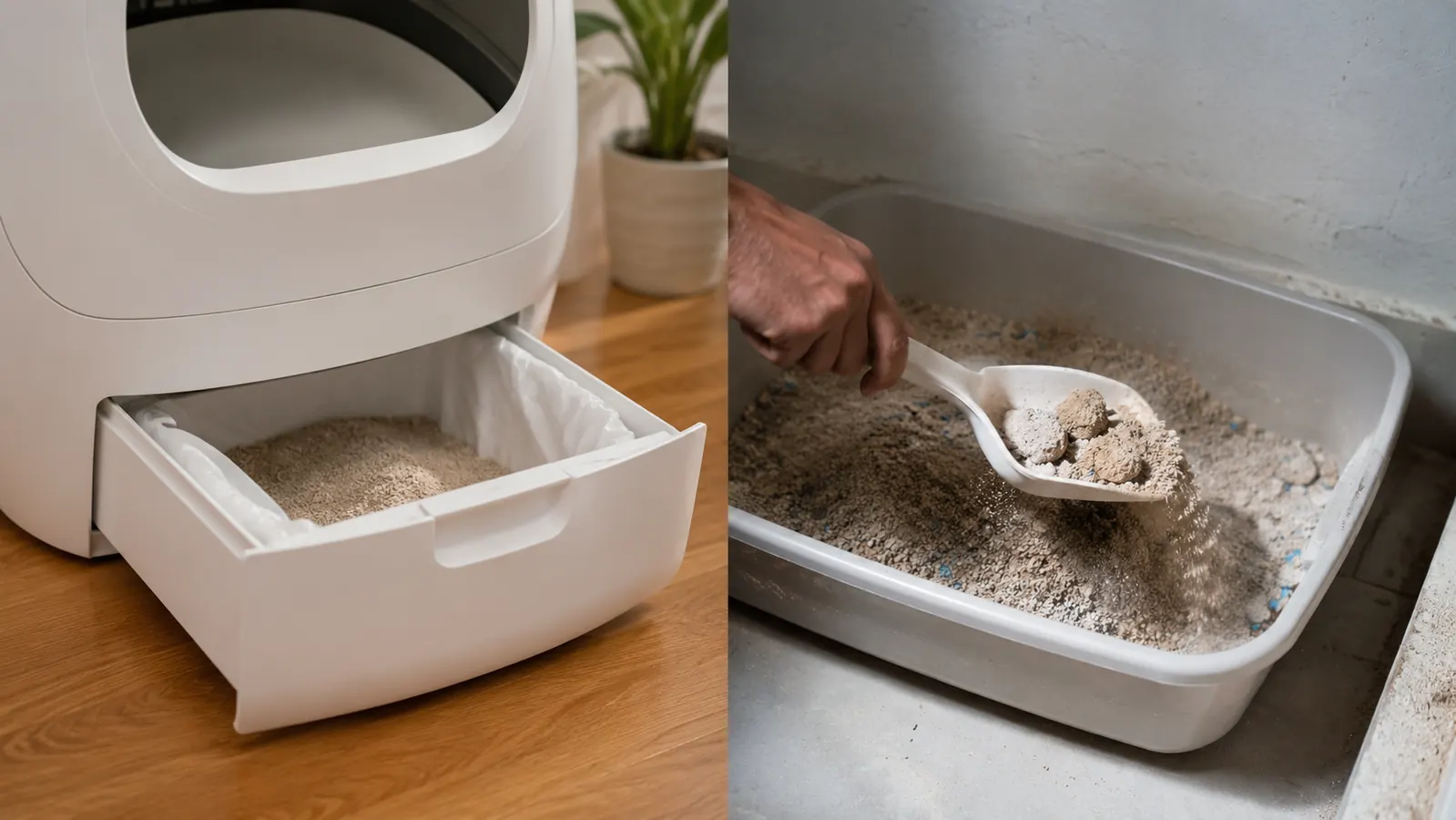 Side-by-side close-up of a self-cleaning litter box sealed waste drawer versus a full traditional litter box mid-scoop