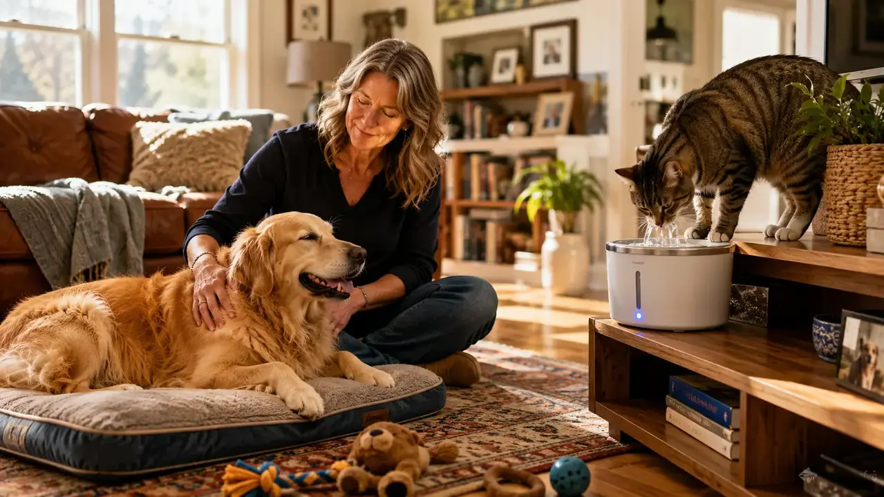 A dog owner sitting on the floor with a happy senior dog, warm afternoon light, lived-in living room