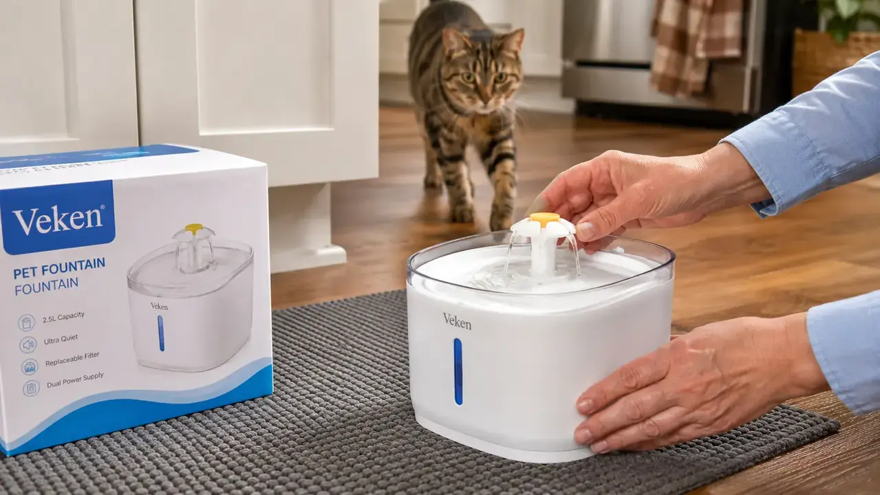 Veken 95oz pet fountain with triple-layer filter visible next to a water bowl for size comparison