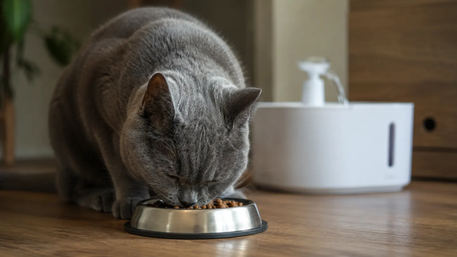 Cat eating wet food from a stainless steel bowl beside a running pet fountain