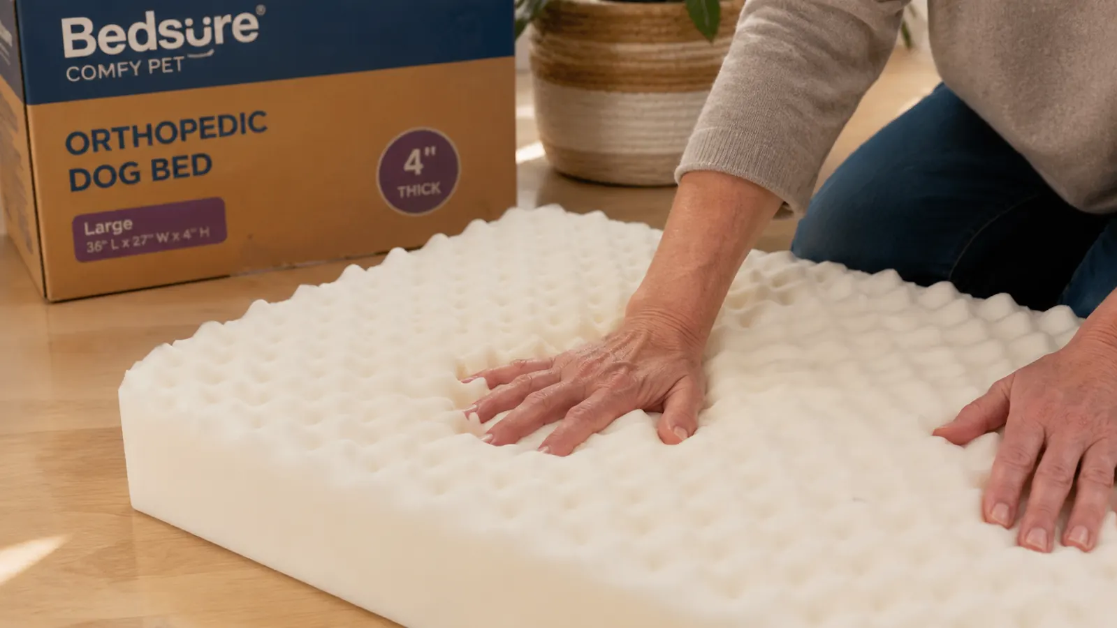 Person pressing down on the foam core of a Bedsure orthopedic dog bed to show its thickness and density