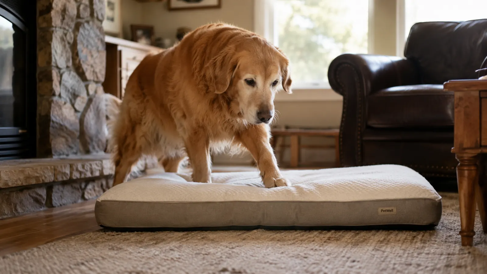Older golden retriever stepping easily onto a low-entry orthopedic dog bed without jumping or straining
