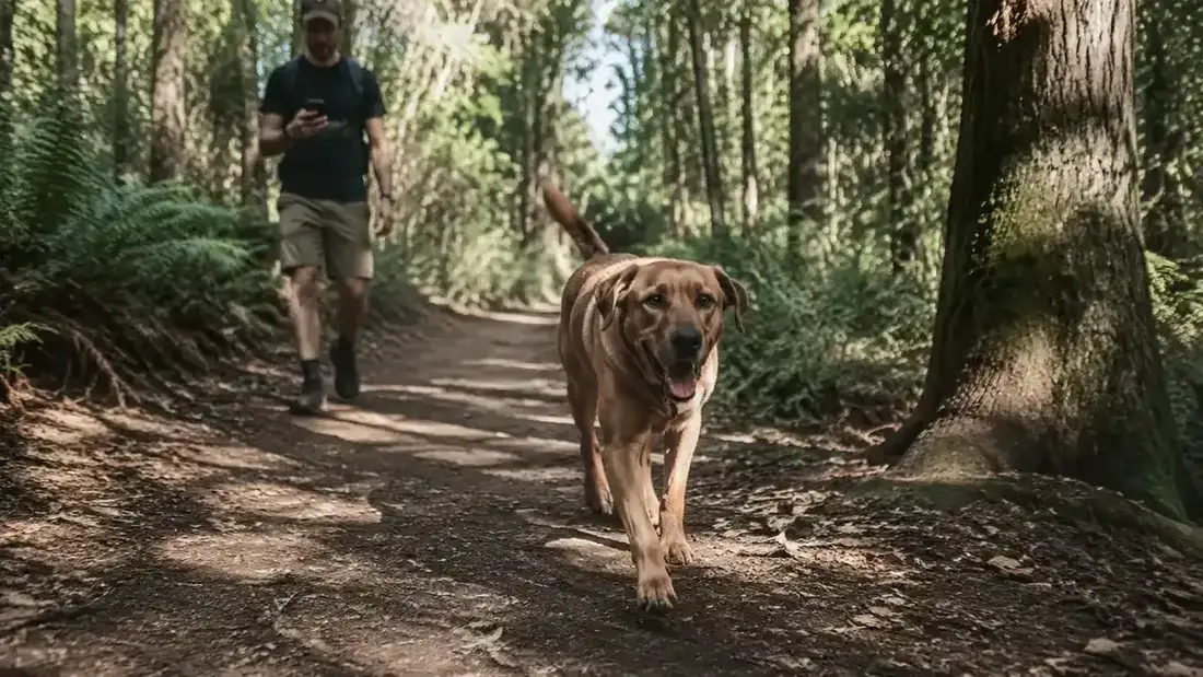 Dog and owner hiking on a wooded trail, dog off-leash ahead of the owner on a narrow forest path