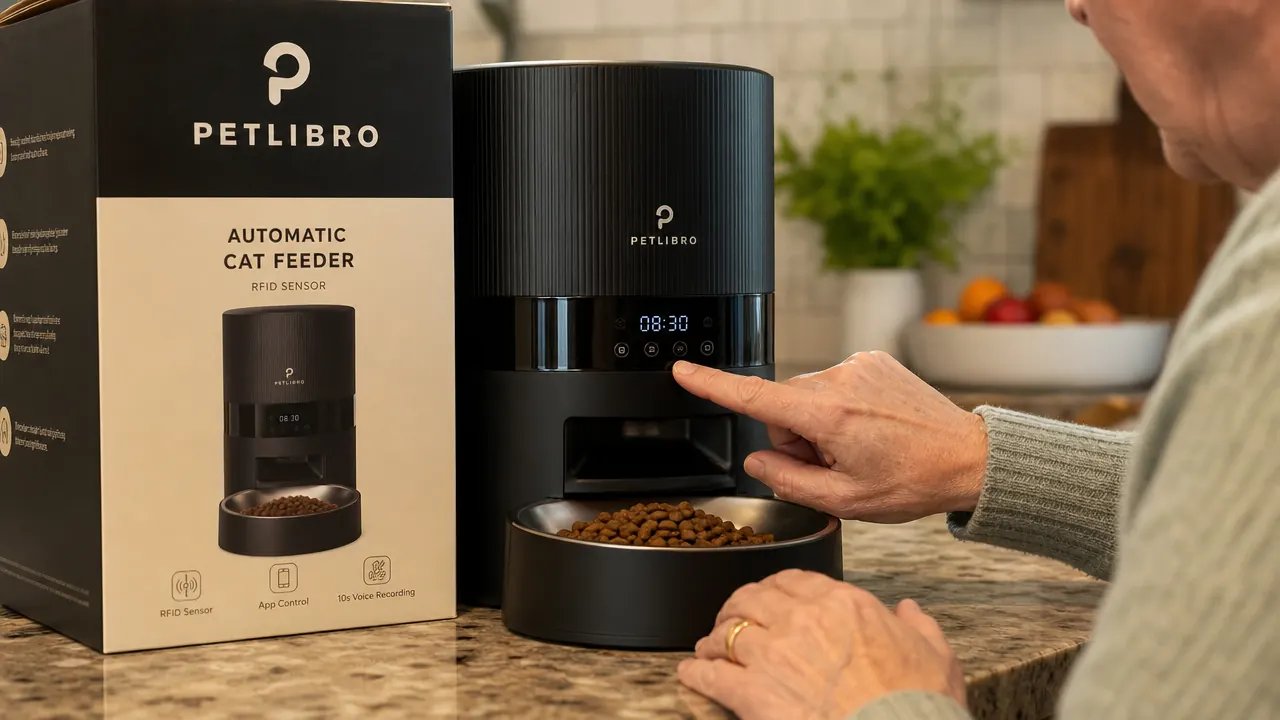 Hand adjusting portion settings on the PETLIBRO RFID automatic cat feeder touchscreen