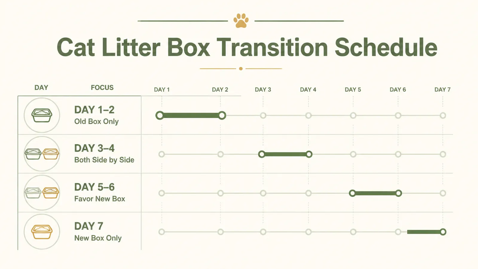 Chart showing a seven-day cat litter box transition timeline from traditional to automatic