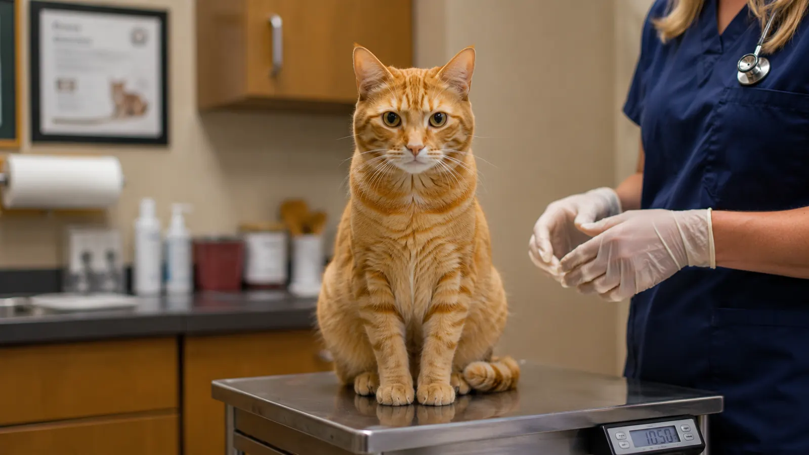A cat on a veterinary scale showing a weight reading, vet's hands visible in the background