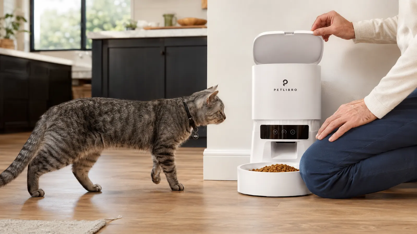 PETLIBRO RFID automatic cat feeder with a cat wearing a collar sensor approaching it