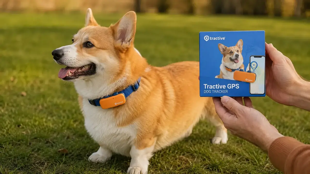Tractive GPS tracker attached to a dog collar on a Corgi, showing the device scale against a small-to-medium dog frame