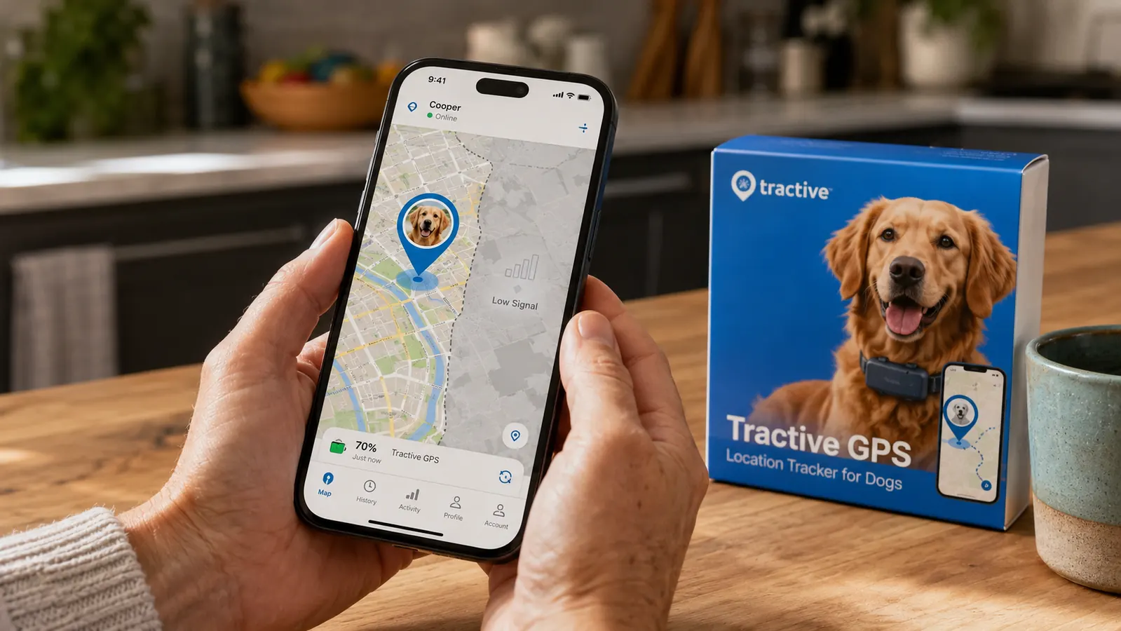 Smartphone showing Tractive app map with a strong signal indicator versus a faded low-signal zone on a rural area map