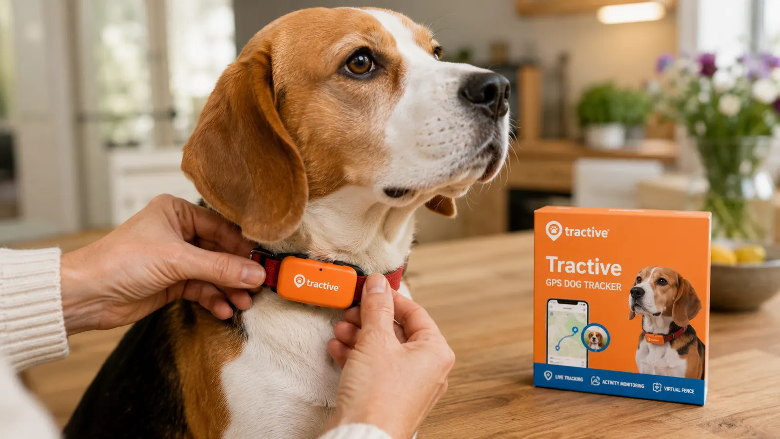 Hand clipping a small orange Tractive GPS tracker onto a Beagle's collar
