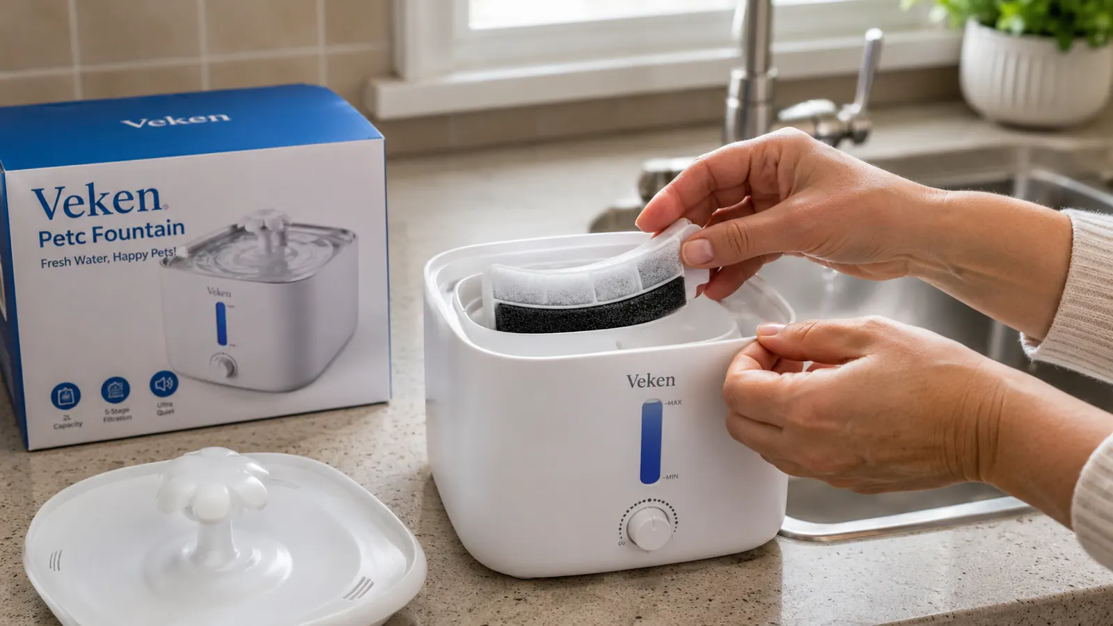 Hand placing the Veken pet fountain filter into the fountain base next to a water tap