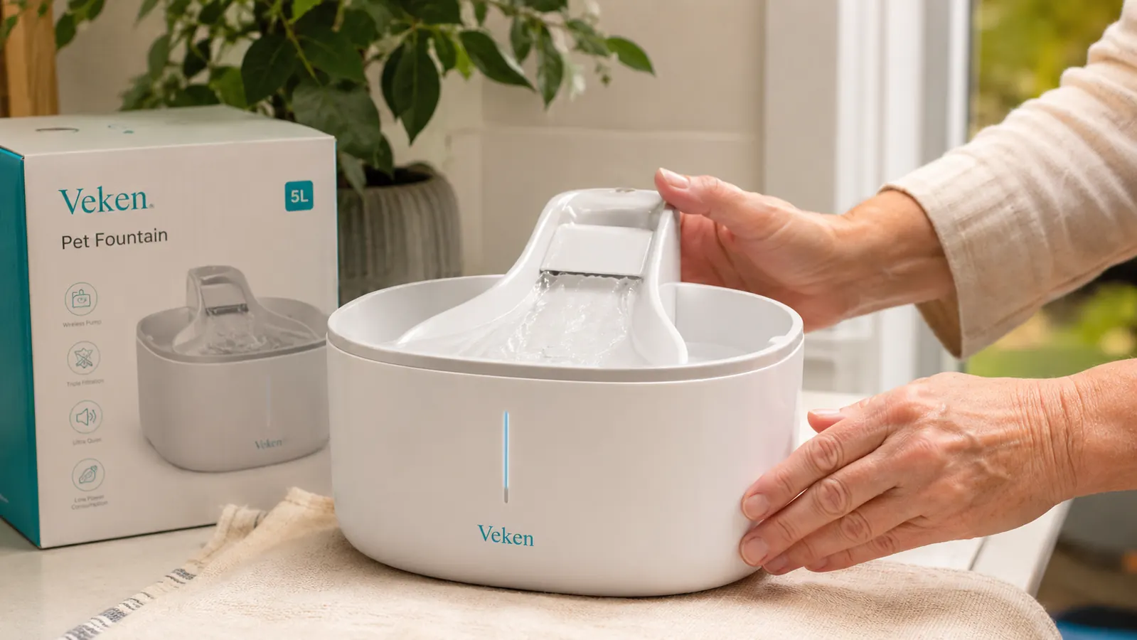 Close-up of a clean pet water fountain with a steady stream of water flowing over its top ramp