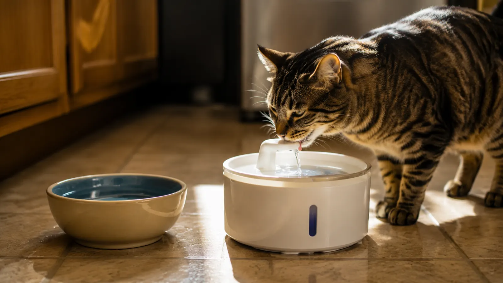 Cat ignoring a clean water bowl next to a pet fountain it is actively drinking from