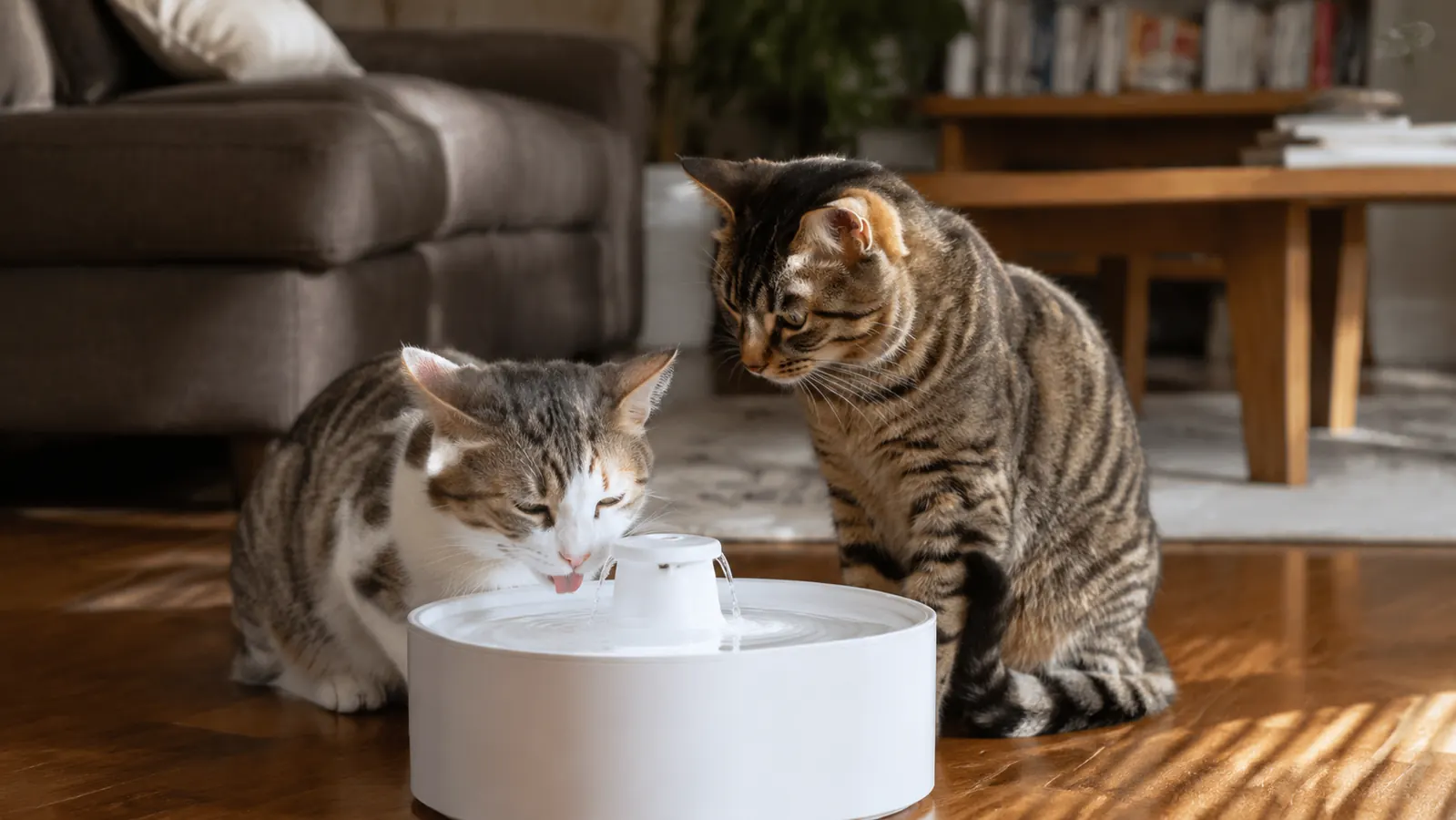 Two cats sitting beside a pet water fountain in a living room, one drinking and one watching