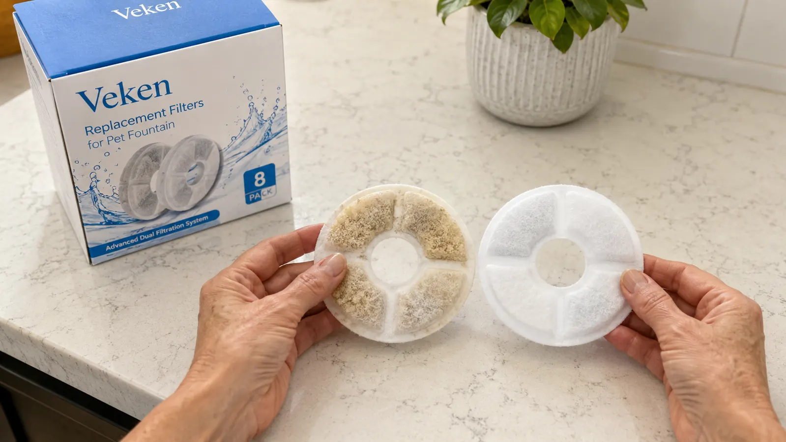 Used Veken fountain filter next to a fresh replacement filter showing discoloration after four weeks of use